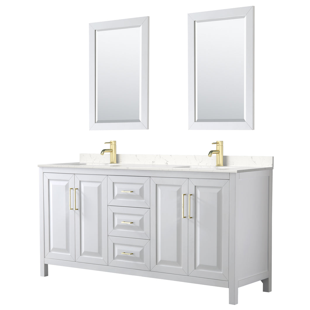 Wyndham Daria 72 Inch Double Bathroom Vanity in White, Light-Vein Carrara Cultured Marble Countertop, Undermount Square Sinks, 24 Inch Mirrors, Brushed Gold Trim- Wyndham