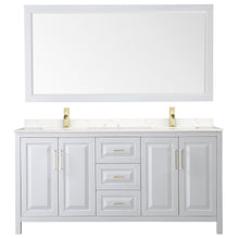 Load image into Gallery viewer, Wyndham Daria 72 Inch Double Bathroom Vanity in White, Light-Vein Carrara Cultured Marble Countertop, Undermount Square Sinks, 70 Inch Mirror, Brushed Gold Trim- Wyndham