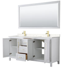Load image into Gallery viewer, Wyndham Daria 72 Inch Double Bathroom Vanity in White, Light-Vein Carrara Cultured Marble Countertop, Undermount Square Sinks, 70 Inch Mirror, Brushed Gold Trim- Wyndham