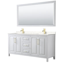 Load image into Gallery viewer, Wyndham Daria 72 Inch Double Bathroom Vanity in White, Light-Vein Carrara Cultured Marble Countertop, Undermount Square Sinks, 70 Inch Mirror, Brushed Gold Trim- Wyndham