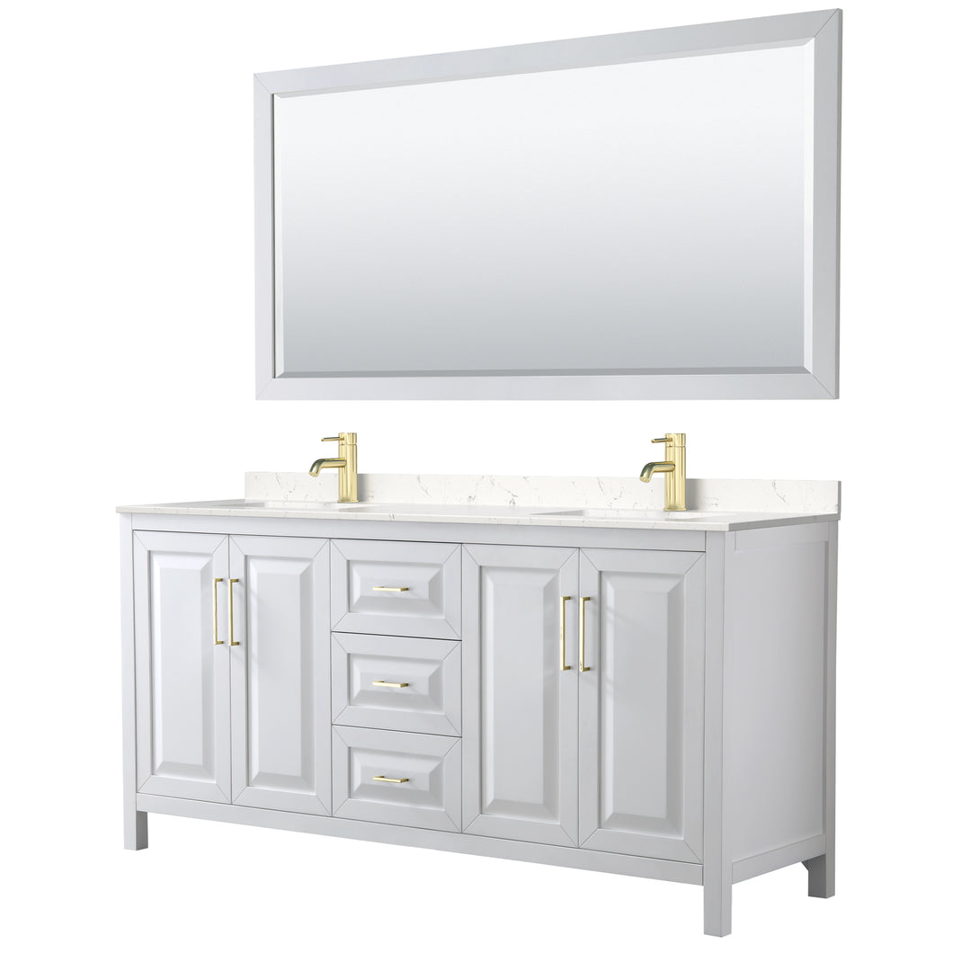 Wyndham Daria 72 Inch Double Bathroom Vanity in White, Light-Vein Carrara Cultured Marble Countertop, Undermount Square Sinks, 70 Inch Mirror, Brushed Gold Trim- Wyndham