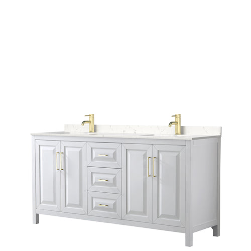 Wyndham Daria 72 Inch Double Bathroom Vanity in White, Light-Vein Carrara Cultured Marble Countertop, Undermount Square Sinks, Brushed Gold Trim- Wyndham