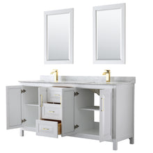 Load image into Gallery viewer, Wyndham Daria 72 Inch Double Bathroom Vanity in White, White Carrara Marble Countertop, Undermount Square Sinks, 24 Inch Mirrors, Brushed Gold Trim- Wyndham