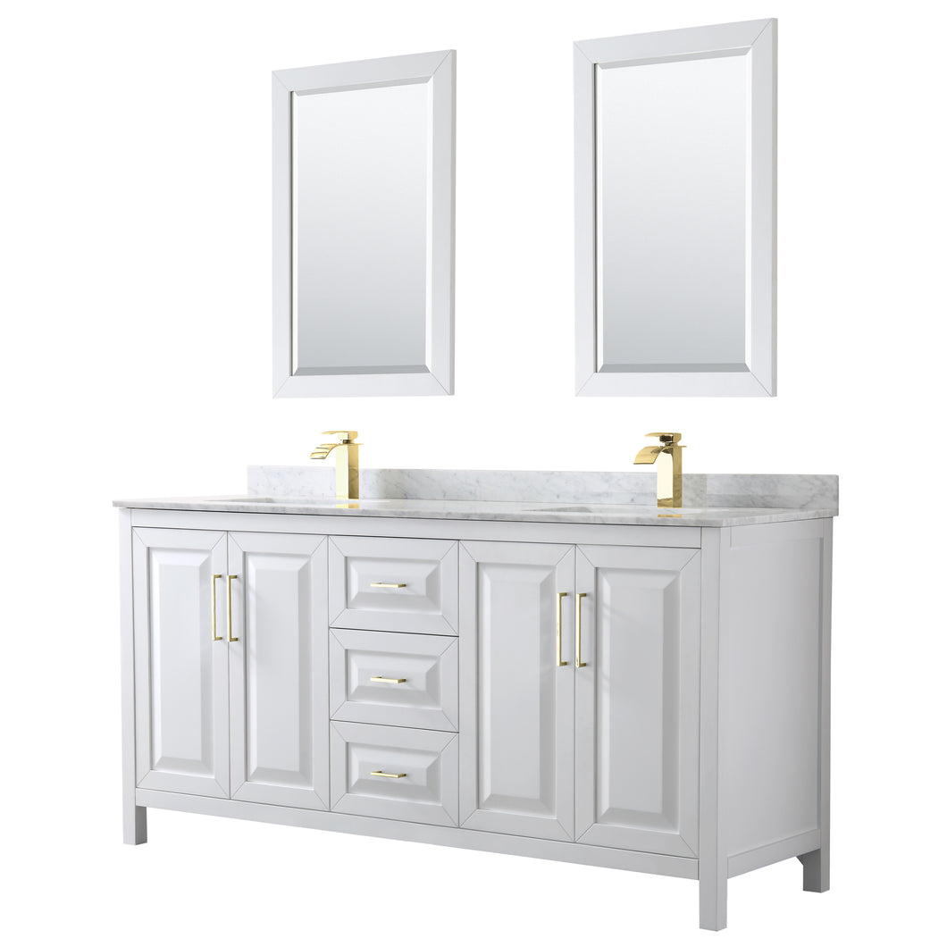 Wyndham Daria 72 Inch Double Bathroom Vanity in White, White Carrara Marble Countertop, Undermount Square Sinks, 24 Inch Mirrors, Brushed Gold Trim- Wyndham
