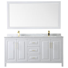 Load image into Gallery viewer, Wyndham Daria 72 Inch Double Bathroom Vanity in White, White Carrara Marble Countertop, Undermount Square Sinks, 70 Inch Mirror, Brushed Gold Trim- Wyndham
