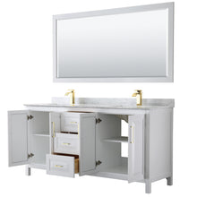 Load image into Gallery viewer, Wyndham Daria 72 Inch Double Bathroom Vanity in White, White Carrara Marble Countertop, Undermount Square Sinks, 70 Inch Mirror, Brushed Gold Trim- Wyndham