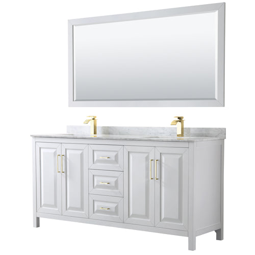 Wyndham Daria 72 Inch Double Bathroom Vanity in White, White Carrara Marble Countertop, Undermount Square Sinks, 70 Inch Mirror, Brushed Gold Trim- Wyndham