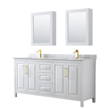 Load image into Gallery viewer, Wyndham Daria 72 Inch Double Bathroom Vanity in White, White Carrara Marble Countertop, Undermount Square Sinks, Medicine Cabinets, Brushed Gold Trim- Wyndham