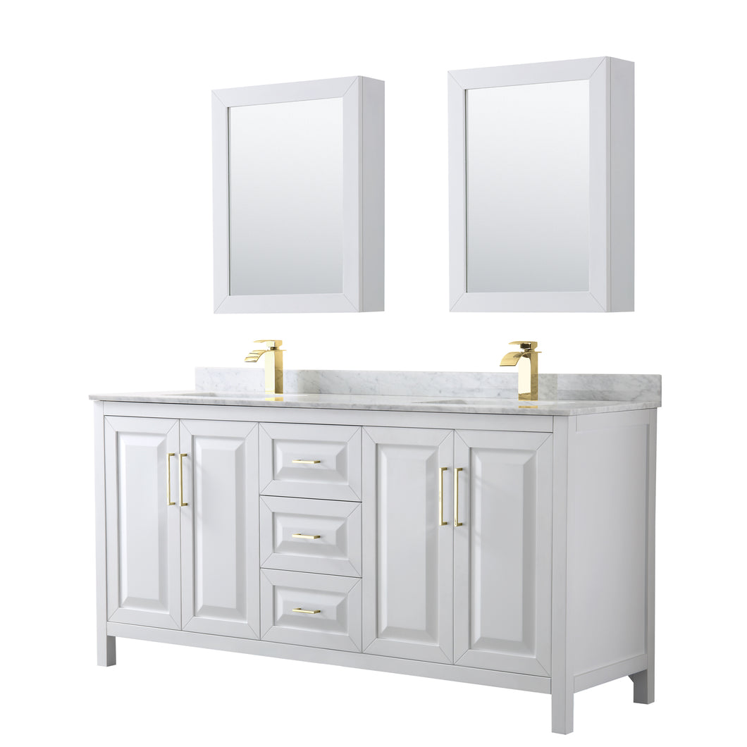 Wyndham Daria 72 Inch Double Bathroom Vanity in White, White Carrara Marble Countertop, Undermount Square Sinks, Medicine Cabinets, Brushed Gold Trim- Wyndham