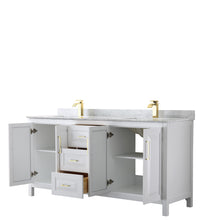 Load image into Gallery viewer, Wyndham Daria 72 Inch Double Bathroom Vanity in White, White Carrara Marble Countertop, Undermount Square Sinks, Brushed Gold Trim- Wyndham