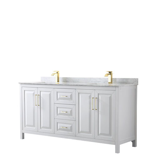 Wyndham Daria 72 Inch Double Bathroom Vanity in White, White Carrara Marble Countertop, Undermount Square Sinks, Brushed Gold Trim- Wyndham