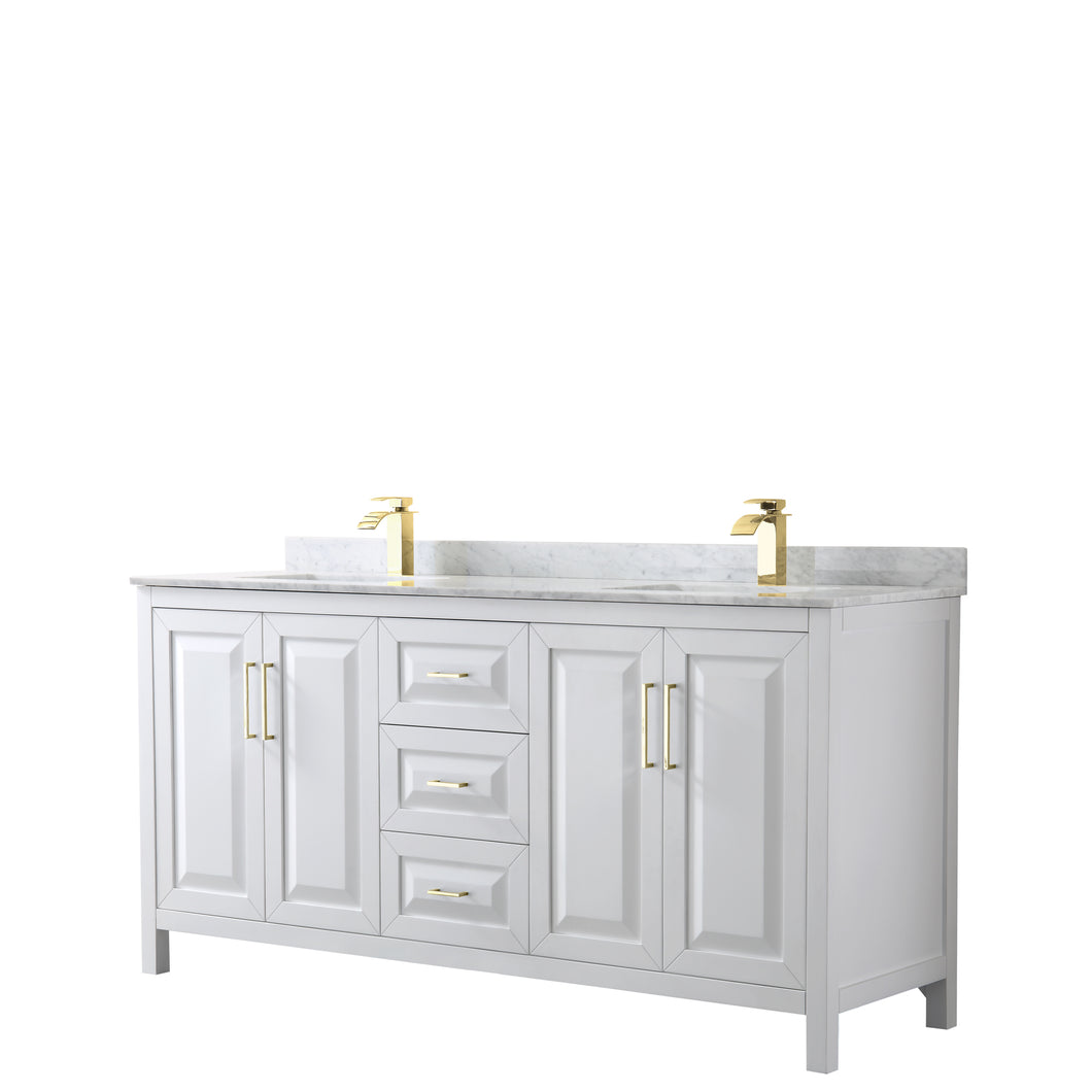 Wyndham Daria 72 Inch Double Bathroom Vanity in White, White Carrara Marble Countertop, Undermount Square Sinks, Brushed Gold Trim- Wyndham
