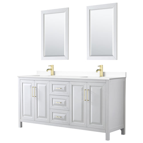 Wyndham Daria 72 Inch Double Bathroom Vanity in White, White Cultured Marble Countertop, Undermount Square Sinks, 24 Inch Mirrors, Brushed Gold Trim- Wyndham
