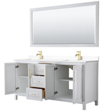 Load image into Gallery viewer, Wyndham Daria 72 Inch Double Bathroom Vanity in White, White Cultured Marble Countertop, Undermount Square Sinks, 70 Inch Mirror, Brushed Gold Trim- Wyndham