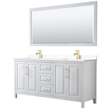 Load image into Gallery viewer, Wyndham Daria 72 Inch Double Bathroom Vanity in White, White Cultured Marble Countertop, Undermount Square Sinks, 70 Inch Mirror, Brushed Gold Trim- Wyndham