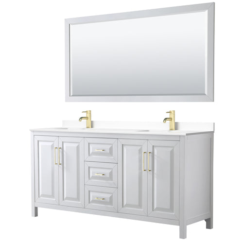 Wyndham Daria 72 Inch Double Bathroom Vanity in White, White Cultured Marble Countertop, Undermount Square Sinks, 70 Inch Mirror, Brushed Gold Trim- Wyndham