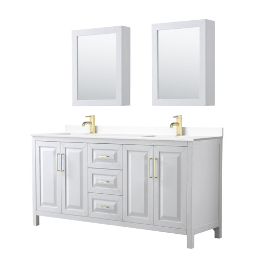 Wyndham Daria 72 Inch Double Bathroom Vanity in White, White Cultured Marble Countertop, Undermount Square Sinks, Medicine Cabinets, Brushed Gold Trim- Wyndham