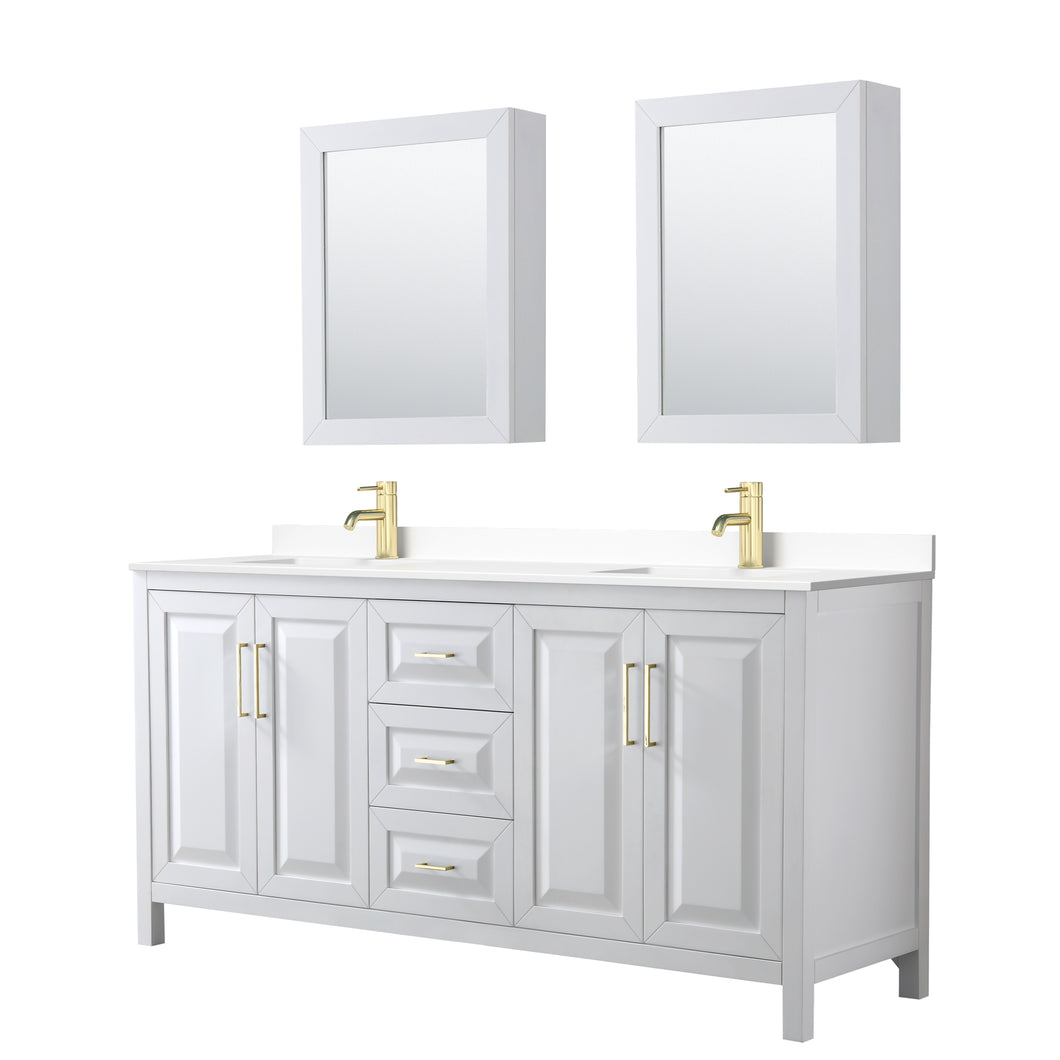 Wyndham Daria 72 Inch Double Bathroom Vanity in White, White Cultured Marble Countertop, Undermount Square Sinks, Medicine Cabinets, Brushed Gold Trim- Wyndham