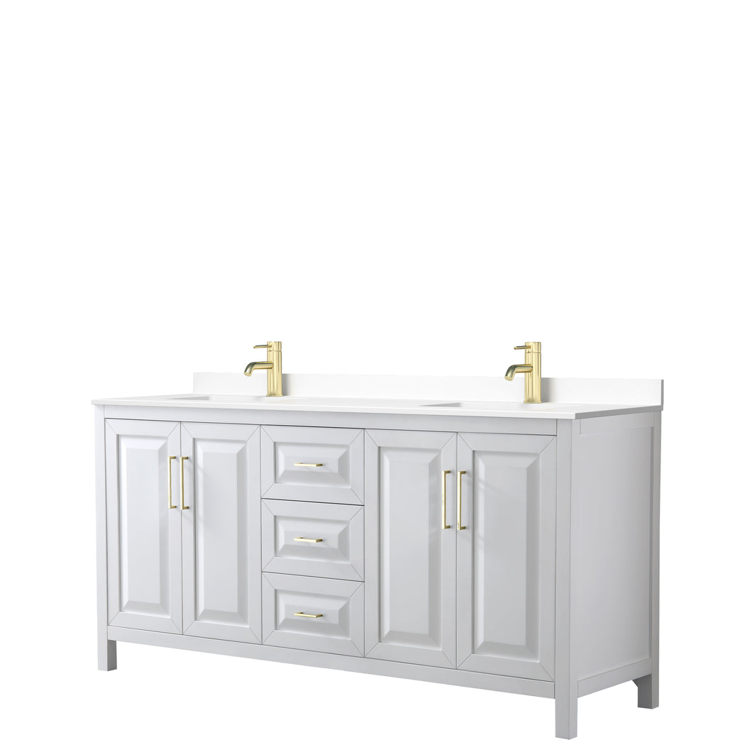 Wyndham Daria 72 Inch Double Bathroom Vanity in White, White Cultured Marble Countertop, Undermount Square Sinks, Brushed Gold Trim- Wyndham