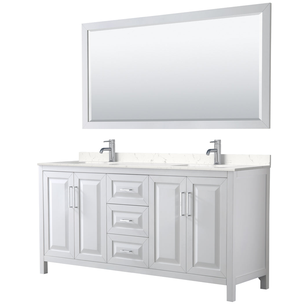 Wyndham Daria 72 Inch Double Bathroom Vanity in White, Light-Vein Carrara Cultured Marble Countertop, Undermount Square Sinks, 70 Inch Mirror- Wyndham