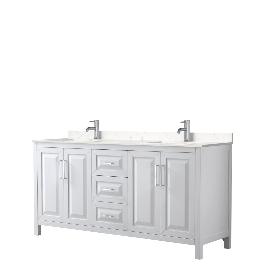 Wyndham Daria 72 Inch Double Bathroom Vanity in White, Light-Vein Carrara Cultured Marble Countertop, Undermount Square Sinks, No Mirror- Wyndham