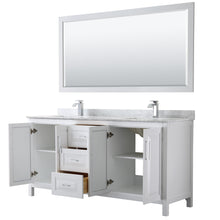 Load image into Gallery viewer, Wyndham Daria 72 Inch Double Bathroom Vanity in White, White Carrara Marble Countertop, Undermount Square Sinks, and 70 Inch Mirror- Wyndham