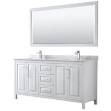 Load image into Gallery viewer, Wyndham Daria 72 Inch Double Bathroom Vanity in White, White Carrara Marble Countertop, Undermount Square Sinks, and 70 Inch Mirror- Wyndham