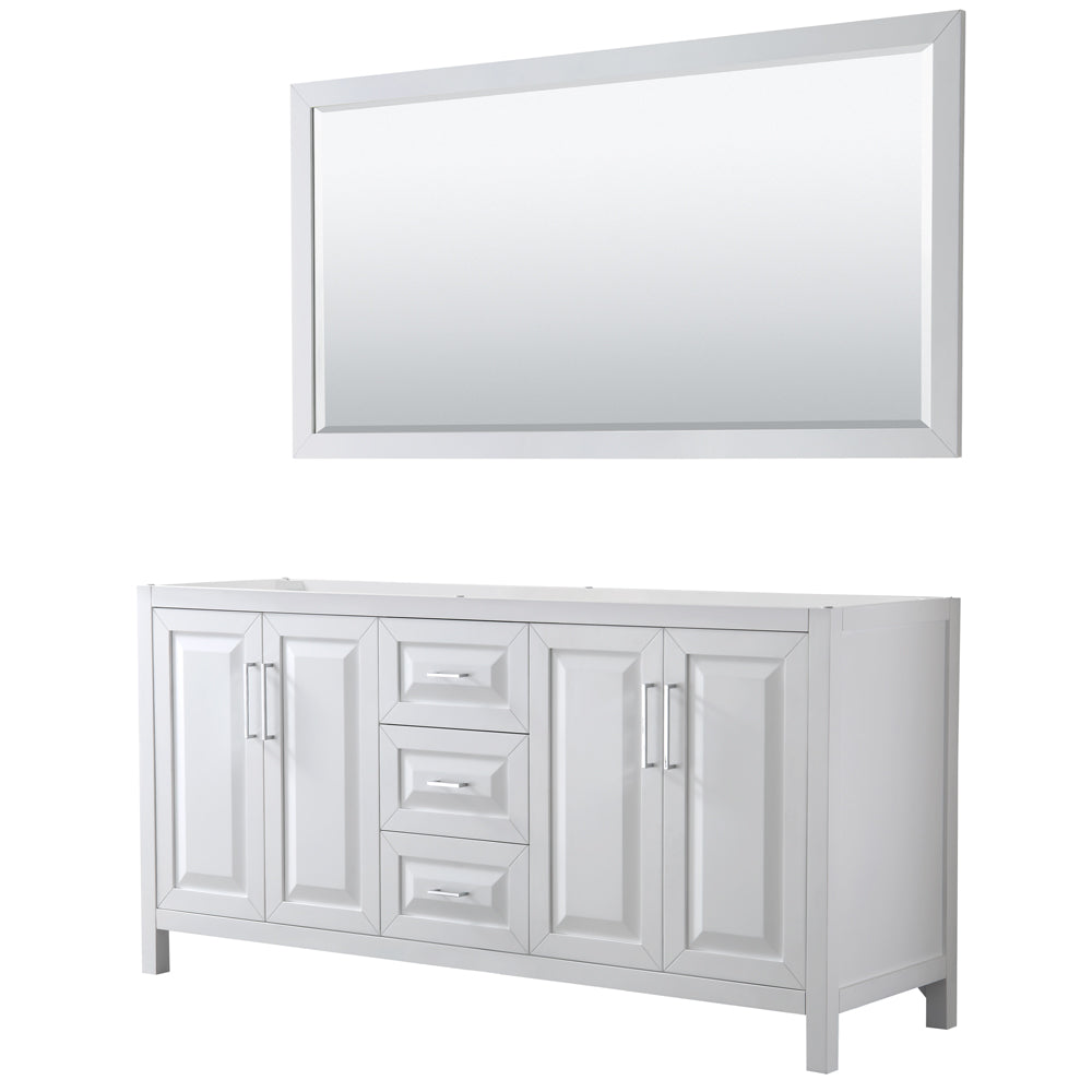 Wyndham Daria 72 Inch Double Bathroom Vanity in White, No Countertop, No Sink, and 70 Inch Mirror- Wyndham