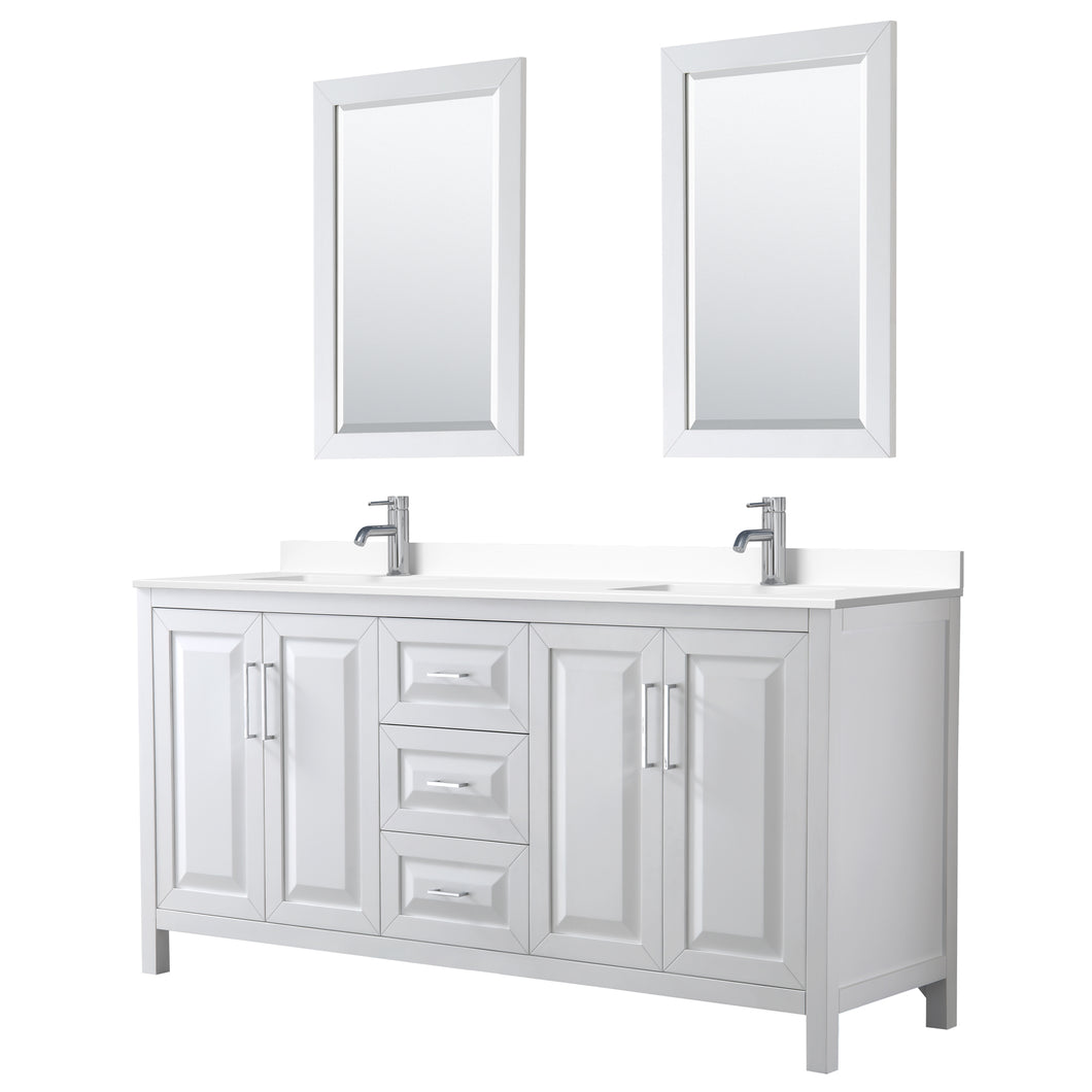 Wyndham Daria 72 Inch Double Bathroom Vanity in White, White Cultured Marble Countertop, Undermount Square Sinks, 24 Inch Mirrors- Wyndham