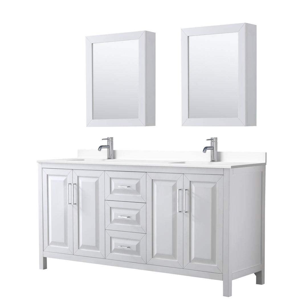 Wyndham Daria 72 Inch Double Bathroom Vanity in White, White Cultured Marble Countertop, Undermount Square Sinks, Medicine Cabinets- Wyndham
