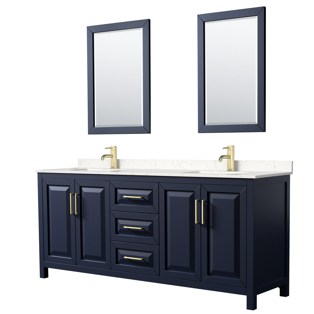 Wyndham Daria 80 Inch Double Bathroom Vanity in Dark Blue, Light-Vein Carrara Cultured Marble Countertop, Undermount Square Sinks, 24 Inch Mirrors- Wyndham