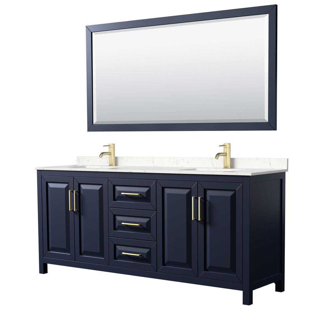 Wyndham Daria 80 Inch Double Bathroom Vanity in Dark Blue, Light-Vein Carrara Cultured Marble Countertop, Undermount Square Sinks, 70 Inch Mirror- Wyndham