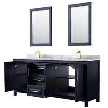 Load image into Gallery viewer, Wyndham Daria 80 Inch Double Bathroom Vanity in Dark Blue, White Carrara Marble Countertop, Undermount Square Sinks, 24 Inch Mirrors- Wyndham
