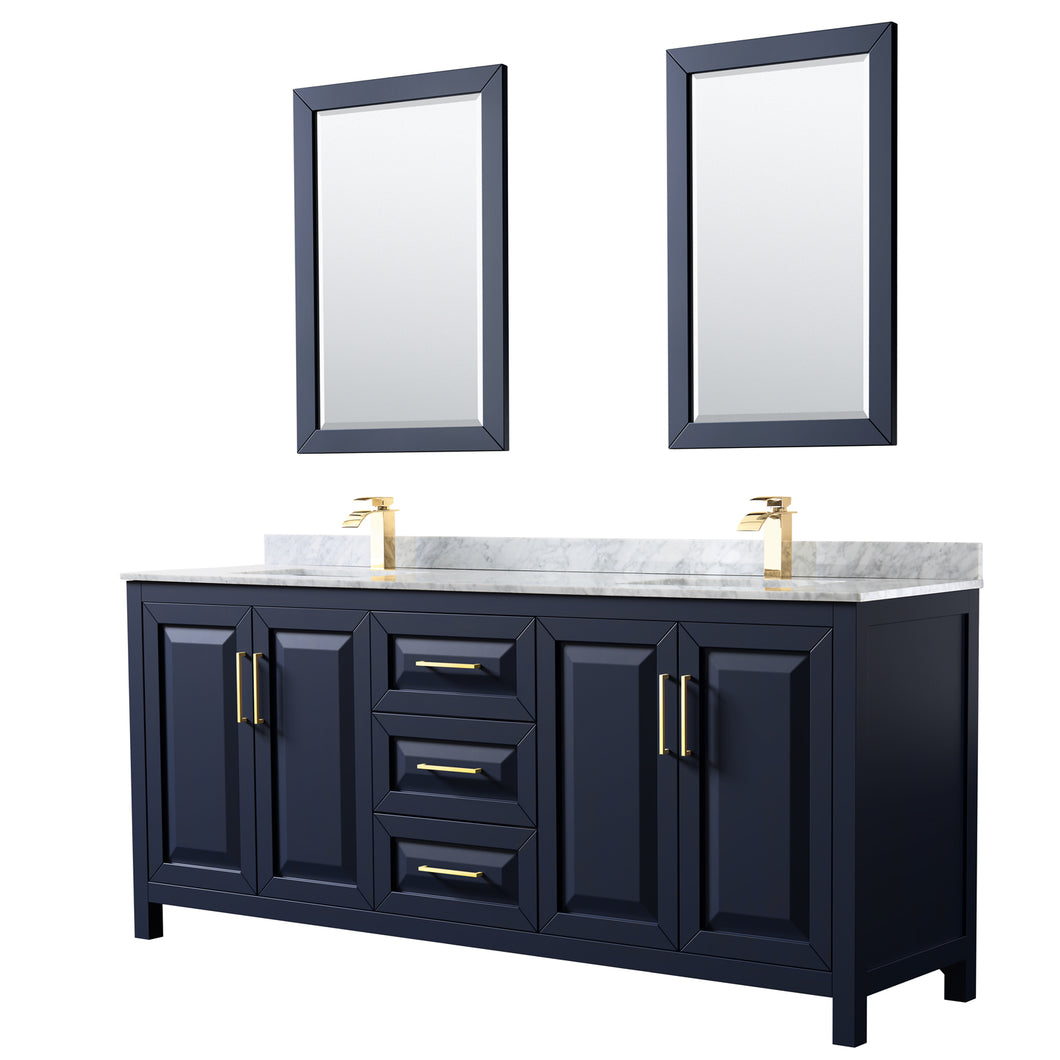 Wyndham Daria 80 Inch Double Bathroom Vanity in Dark Blue, White Carrara Marble Countertop, Undermount Square Sinks, 24 Inch Mirrors- Wyndham