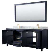 Load image into Gallery viewer, Wyndham Daria 80 Inch Double Bathroom Vanity in Dark Blue, White Carrara Marble Countertop, Undermount Square Sinks, 70 Inch Mirror- Wyndham