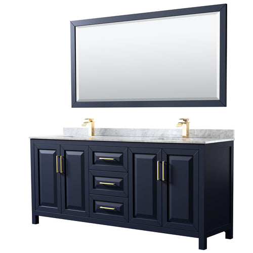 Wyndham Daria 80 Inch Double Bathroom Vanity in Dark Blue, White Carrara Marble Countertop, Undermount Square Sinks, 70 Inch Mirror- Wyndham