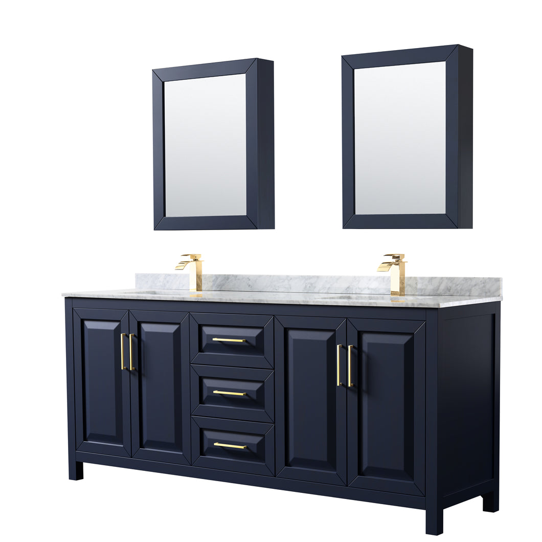 Wyndham Daria 80 Inch Double Bathroom Vanity in Dark Blue, White Carrara Marble Countertop, Undermount Square Sinks, Medicine Cabinets- Wyndham
