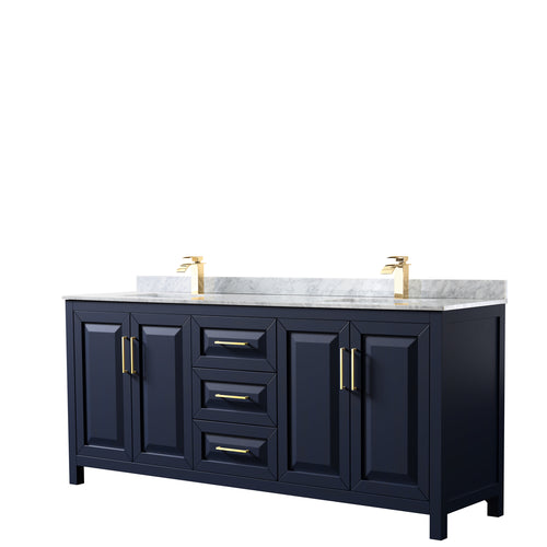 Wyndham Daria 80 Inch Double Bathroom Vanity in Dark Blue, White Carrara Marble Countertop, Undermount Square Sinks, No Mirror- Wyndham