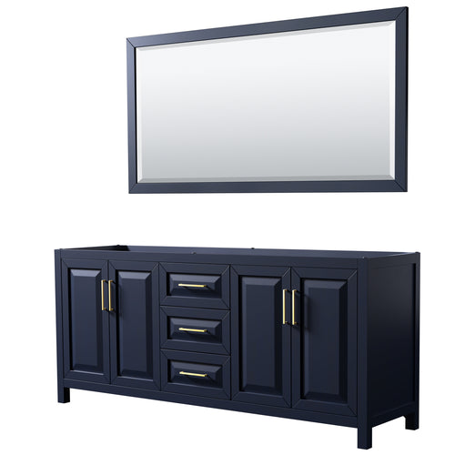 Wyndham Daria 80 Inch Double Bathroom Vanity in Dark Blue, No Countertop, No Sink, 70 Inch Mirror- Wyndham