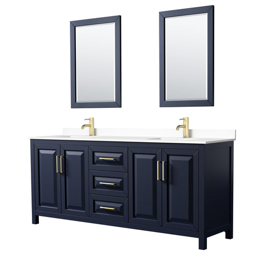 Wyndham Daria 80 Inch Double Bathroom Vanity in Dark Blue, White Cultured Marble Countertop, Undermount Square Sinks, 24 Inch Mirrors- Wyndham
