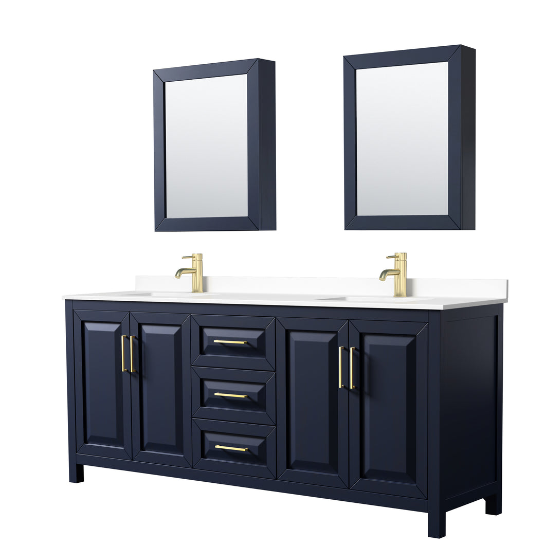 Wyndham Daria 80 Inch Double Bathroom Vanity in Dark Blue, White Cultured Marble Countertop, Undermount Square Sinks, Medicine Cabinets- Wyndham