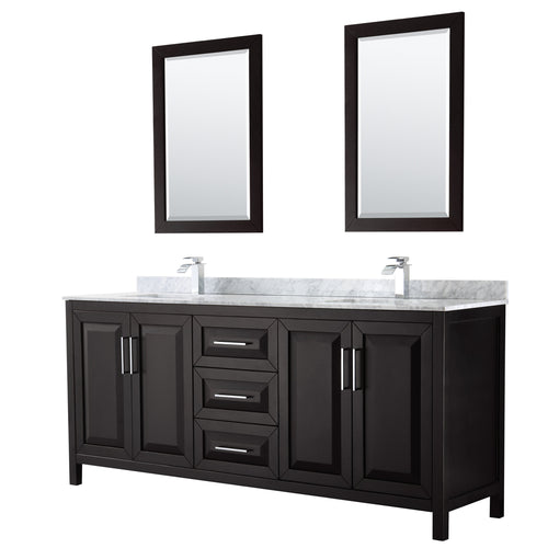 Wyndham Daria 80 Inch Double Bathroom Vanity in Dark Espresso, White Carrara Marble Countertop, Undermount Square Sinks, and 24 Inch Mirrors- Wyndham
