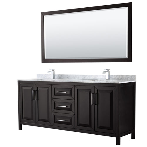 Wyndham Daria 80 Inch Double Bathroom Vanity in Dark Espresso, White Carrara Marble Countertop, Undermount Square Sinks, and 70 Inch Mirror- Wyndham