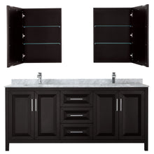 Load image into Gallery viewer, Wyndham Daria 80 Inch Double Bathroom Vanity in Dark Espresso, White Carrara Marble Countertop, Undermount Square Sinks, and Medicine Cabinets- Wyndham
