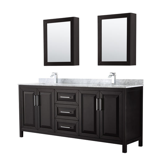 Wyndham Daria 80 Inch Double Bathroom Vanity in Dark Espresso, White Carrara Marble Countertop, Undermount Square Sinks, and Medicine Cabinets- Wyndham