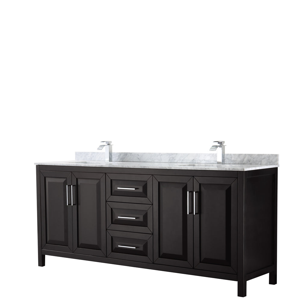 Wyndham Daria 80 Inch Double Bathroom Vanity in Dark Espresso, White Carrara Marble Countertop, Undermount Square Sinks, and No Mirror- Wyndham