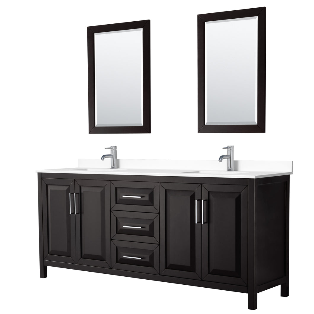 Wyndham Daria 80 Inch Double Bathroom Vanity in Dark Espresso, White Cultured Marble Countertop, Undermount Square Sinks, 24 Inch Mirrors- Wyndham