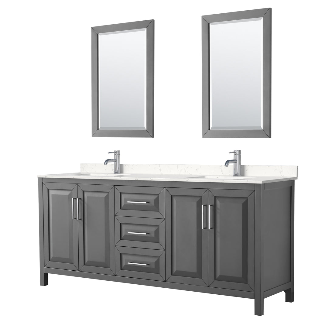 Wyndham Daria 80 Inch Double Bathroom Vanity in Dark Gray, Light-Vein Carrara Cultured Marble Countertop, Undermount Square Sinks, 24 Inch Mirrors- Wyndham