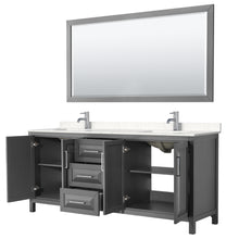 Load image into Gallery viewer, Wyndham Daria 80 Inch Double Bathroom Vanity in Dark Gray, Light-Vein Carrara Cultured Marble Countertop, Undermount Square Sinks, 70 Inch Mirror- Wyndham