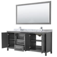 Load image into Gallery viewer, Wyndham Daria 80 Inch Double Bathroom Vanity in Dark Gray, White Carrara Marble Countertop, Undermount Square Sinks, and 70 Inch Mirror- Wyndham